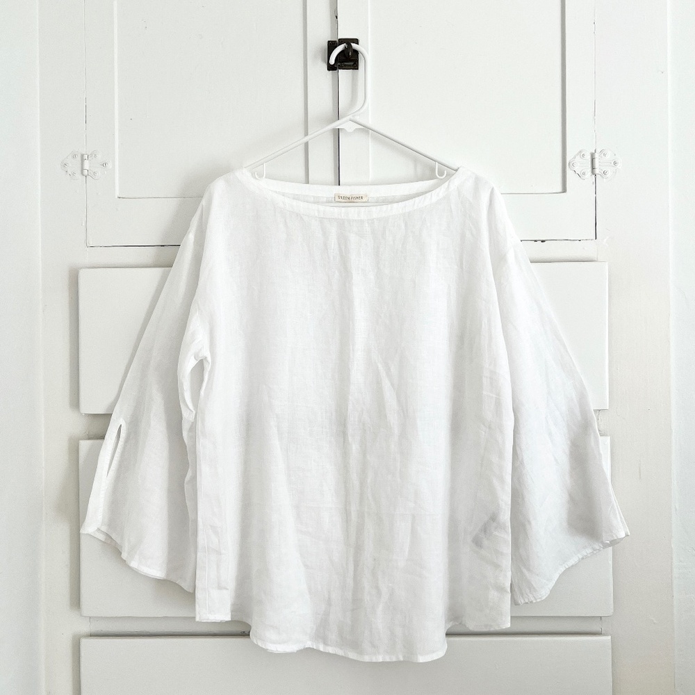 Eileen Fisher Organic Linen White Blouse Open Sleeve Top M - Picture 2 of 6